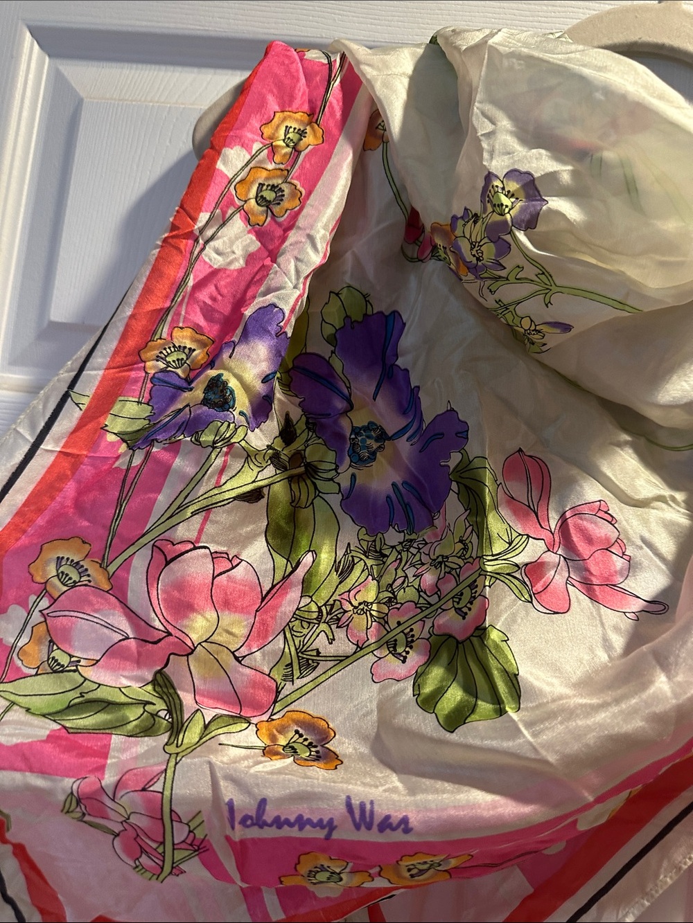Johnny Was Large Boho Floral Silk Scarf Shawl with Tassels - Picture 4 of 7
